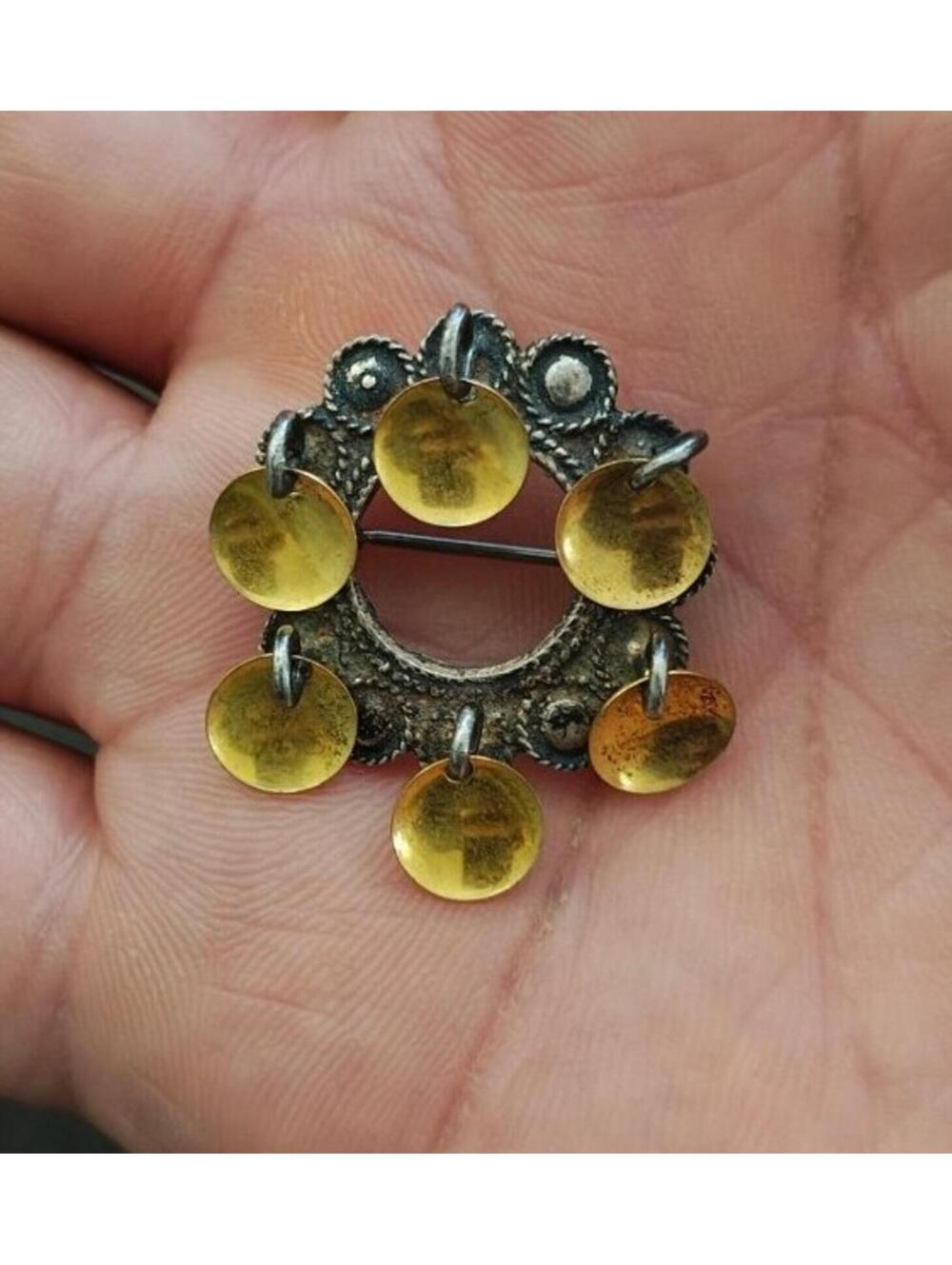 40s Sterling Silver Filigree Norwegian Sølje Brooch With Dangling Gilded Discs